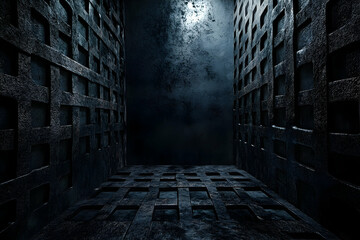 Dark, metallic corridor, enclosed by rigid, square panels.