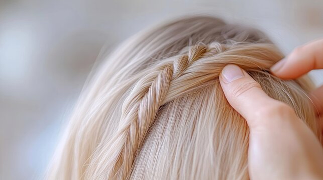 Detailed close-up of a braided hairstyle.  A  plait is being carefully arranged on the back of a blonde head