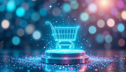 Futuristic Glowing Shopping Cart Icon for E-Commerce Business Marketing – AI Digital Retail Graphic for Online Sales and Branding Success