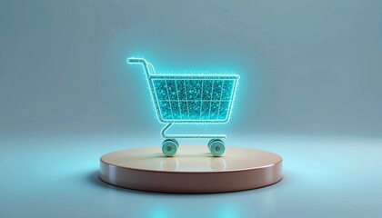 Futuristic Glowing Shopping Cart Icon for E-Commerce Business Marketing – AI Digital Retail Graphic for Online Sales and Branding Success