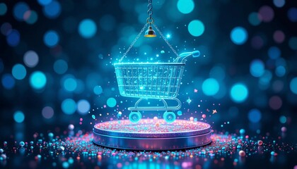 Futuristic Glowing Shopping Cart Icon for E-Commerce Business Marketing – AI Digital Retail Graphic for Online Sales and Branding Success
