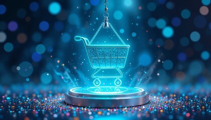 Futuristic Glowing Shopping Cart Icon for E-Commerce Business Marketing – AI Digital Retail Graphic for Online Sales and Branding Success