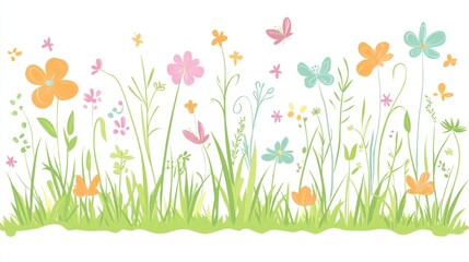 Spring meadow flowers butterflies, pastel design, nature background, card