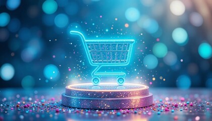 Futuristic Glowing Shopping Cart Icon for E-Commerce Business Marketing – AI Digital Retail Graphic for Online Sales and Branding Success