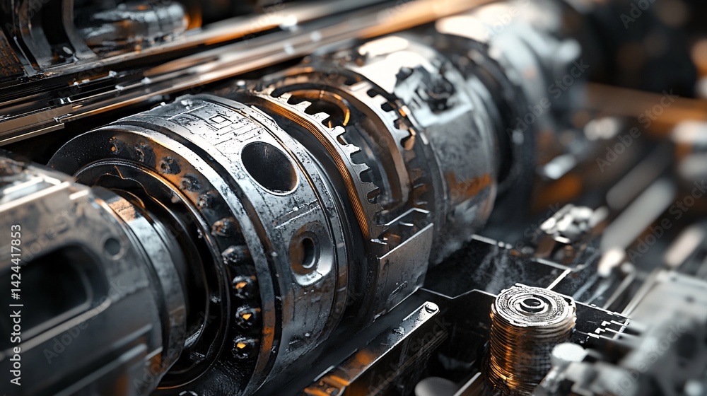 Aufkleber close-up view of industrial machine with rotating gears