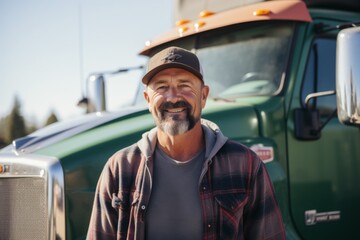 Naklejka premium Smiling portrait of a middle aged caucasian male trucker in the USA