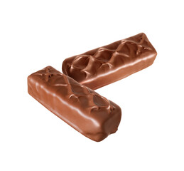 Two chocolate bars with nuts in the air isolated on white background
