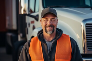 Smiling portrait of a middle aged caucasian male trucker in the USA