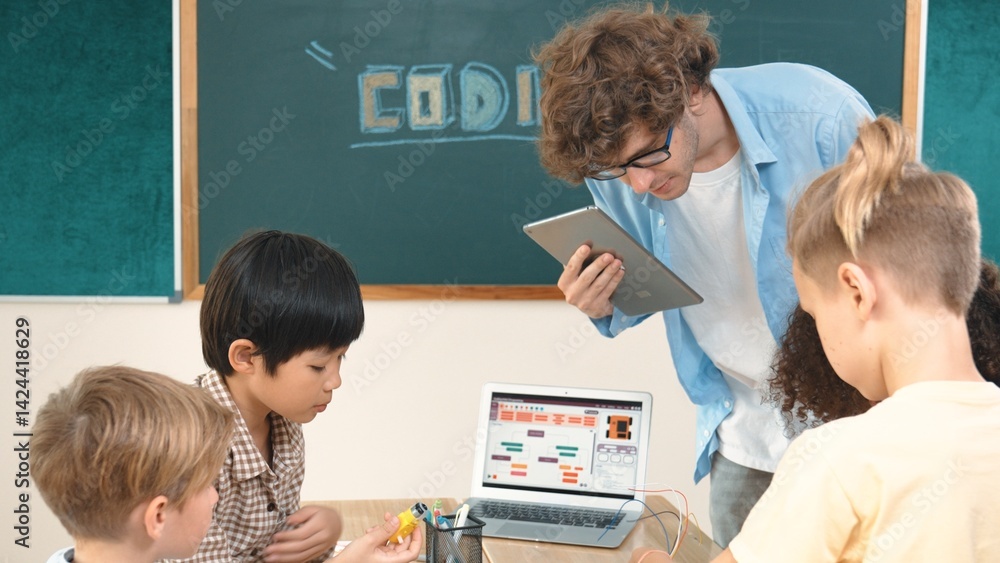 Poster group of diverse student working together on main board with laptop screen display engineering promp
