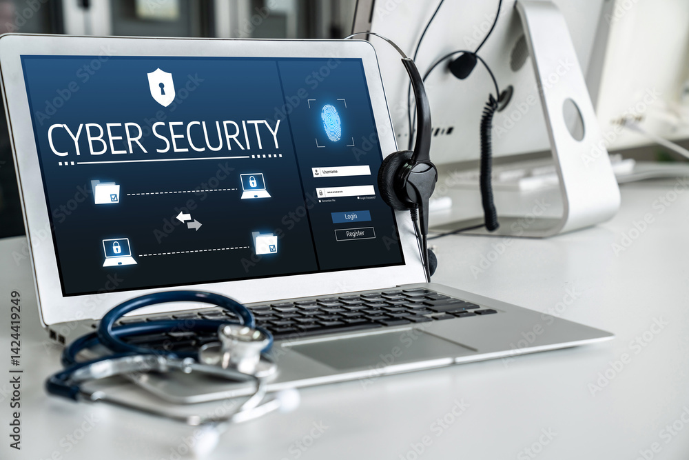 Poster cyber security system on computer screen protect private information snugly from hacker and cyber at