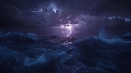Lightning strikes raging ocean waves during powerful storm at night