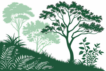 23 Lush green foliage, realistic bush illustrations, varied shrub shapes, detailed vegetation render, isolated plant clusters, vibrant leaf textures, botanical art, white background, digital landscape