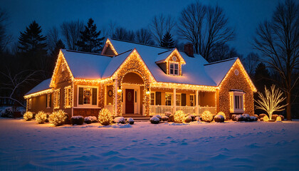 Cozy house illuminated with Christmas lights in winter landscape  