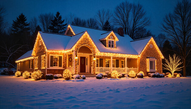Cozy house illuminated with Christmas lights in winter landscape  
