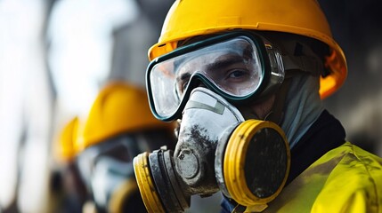Naklejka premium Construction worker wearing gas mask and goggles at work