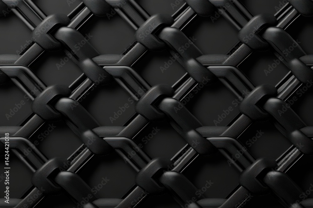 Poster a close up view of a dark woven material showing a repeating pattern of interlaced strands and shado