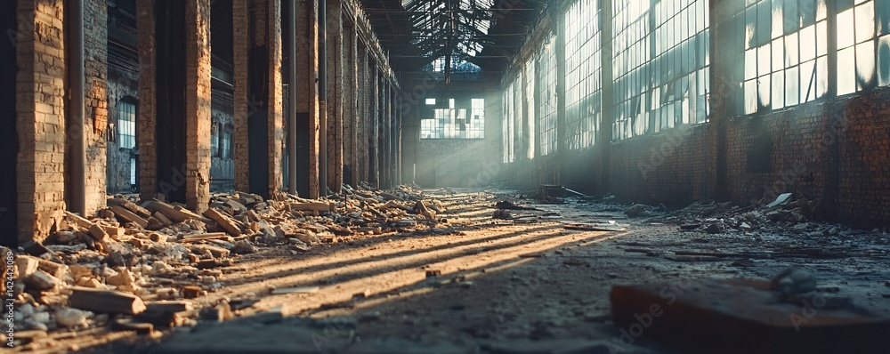 Aufkleber sunlight shining through broken windows in abandoned factory