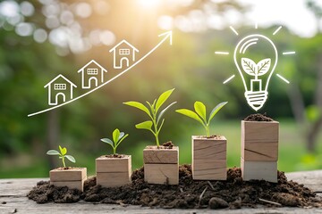 Saplings in Wood Blocks with Arrow, Houses and Lightbulb Against Greenery Background