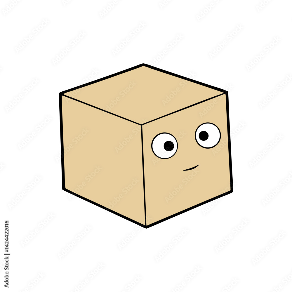 Poster a charming cartoon box character. its blocky form features large eyes and a sweet smile, creating a 