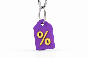 A vibrant purple discount tag dangles playfully, promising exciting savings with its gleaming gold percentage symbol against a clean white backdrop.