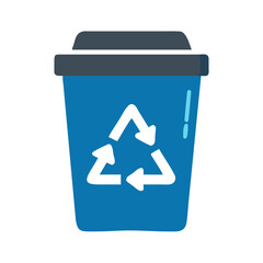 Blue recycle bin icon on a black background