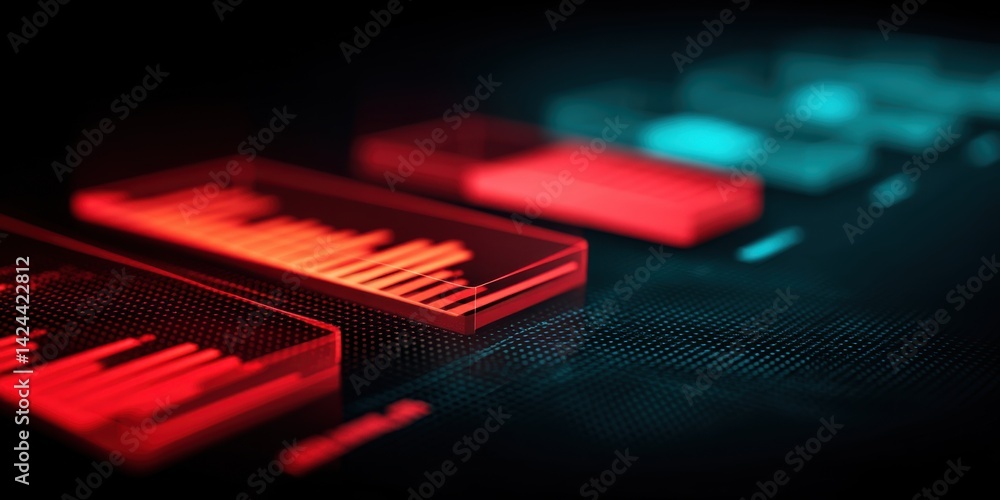 Poster neon red and teal digital charts: data visualization and business analytics