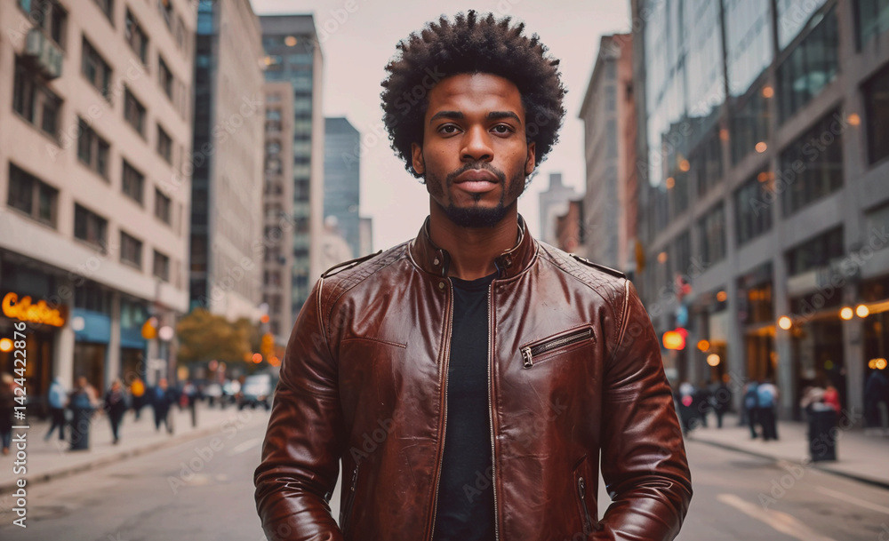 Poster man wearing a brown leather jacket stands in the middle of a busy city street. he is the center of a