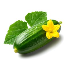 A fresh, green cucumber with its yellow flower and leaf, isolated on a clean white background