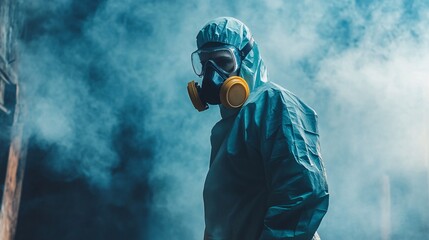 Obraz premium Scientist wearing full protective gear standing in smoke studying situation