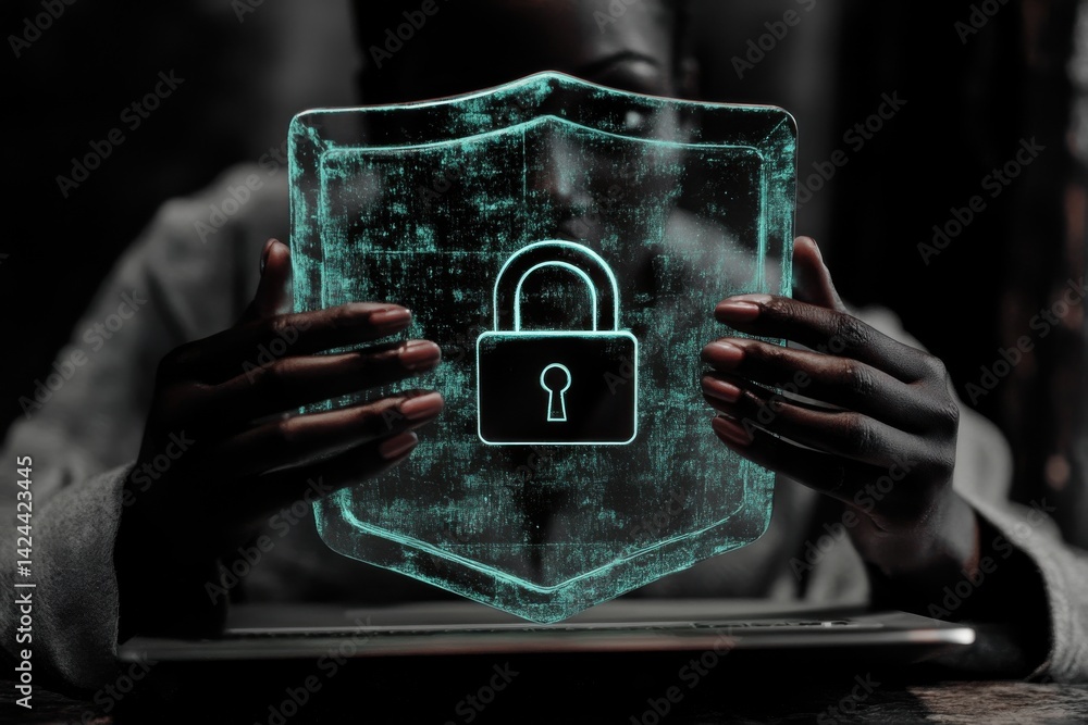 Poster a person holding a digital shield with a padlock symbol representing cybersecurity and data protecti