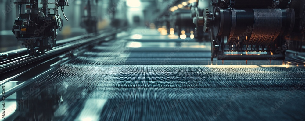 Aufkleber automated industrial weaving machinery is operating in a textile factory
