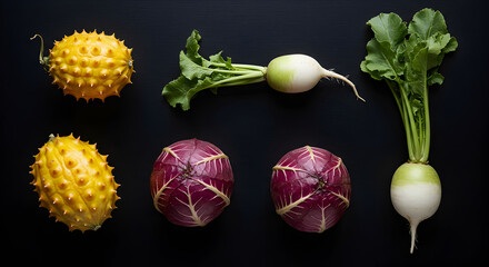Exotic Still Life Featuring Horned Melons, Radicchio and Japanese Turnips Against Black Backdrop