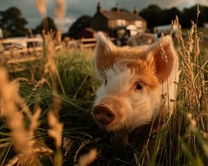 Piglet in Field at Sunset
