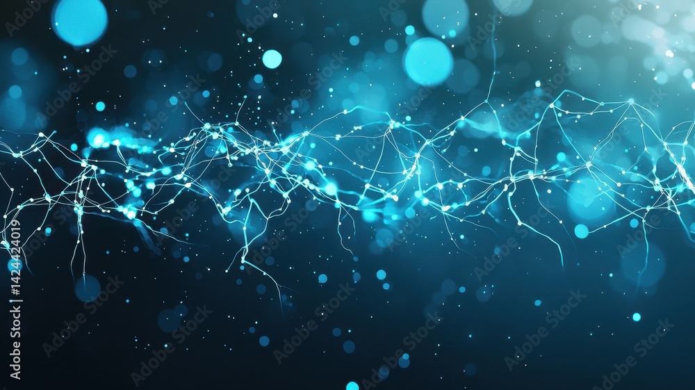 Poster ai-powered neural vision. abstract digital art with blue circles and light strands on a dark backgro