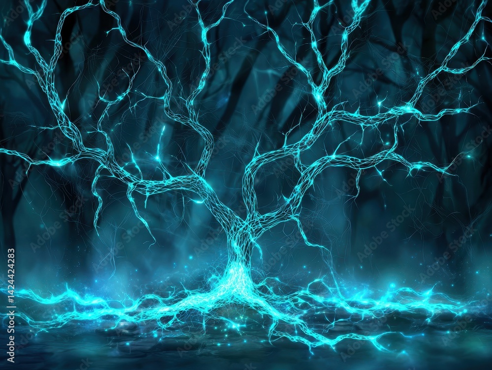 Aufkleber ai-powered neural vision. illuminated tree with glowing branches in a mystical dark forest setting.