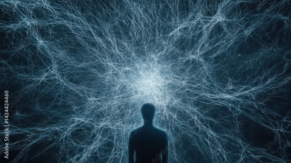 Aufkleber ai-powered neural vision. a silhouette stands before an intricate web of light, symbolizing connecti