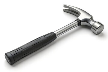 Shiny Steel Claw Hammer Tool Isolated on White Background, Black Rubber Grip Handle