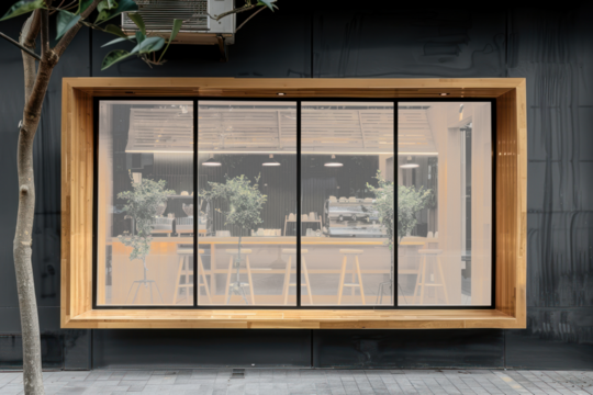 PNG coffee shop window mockup, transparent design