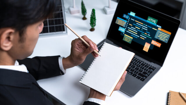 Software development or programming work with coding screen of various programming languages like HTML, Python, Java, and C brisk for new application development