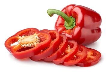 Fresh Red Bell Pepper Whole and Sliced Showing Seeds on a White Background. CloseUp