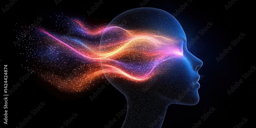 Poster ai-powered neural vision. digital silhouette of a head with colorful flowing particles representing 