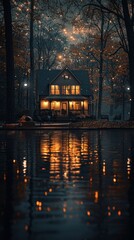 Fototapeta premium Lake House at Dusk with Glowing Lights Reflected in Water