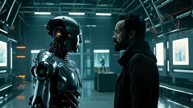 A robot and a man are standing in a room