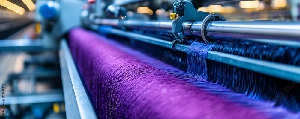 Poster industrial weaving machine creating purple fabric in textile factory