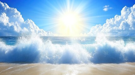 Sunny beach waves crashing on shore, vibrant sky