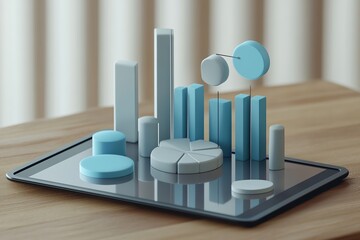 Digital analytics display on a tablet showing data trends and statistics in a modern office environment