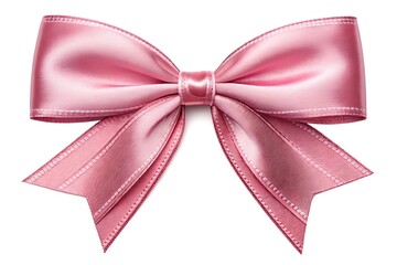 Elegant Pink Ribbon Bow with Border Stitching Isolated on White Background, CloseUp