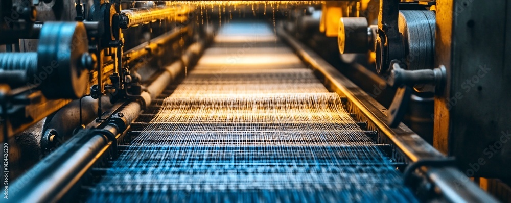 Poster Loom is weaving threads in a textile factory