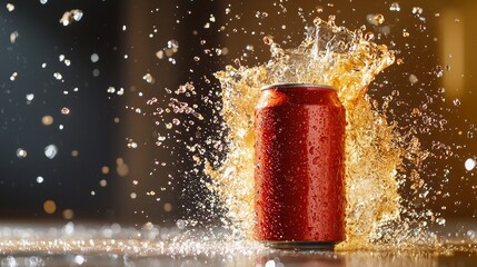 A can of soda is being poured into a glass, creating a splash of liquid
