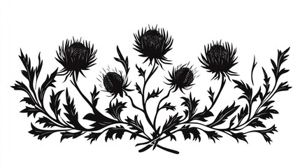 Black and white thistle floral arrangement, botanical illustration, white background, design element